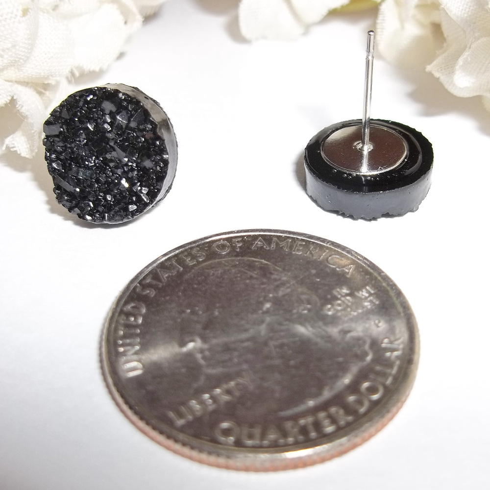 12mm Black Earring Druzy Style Dressy Fashion Unisex Style Stud Minimalist 3840 - Picture 2 of 4